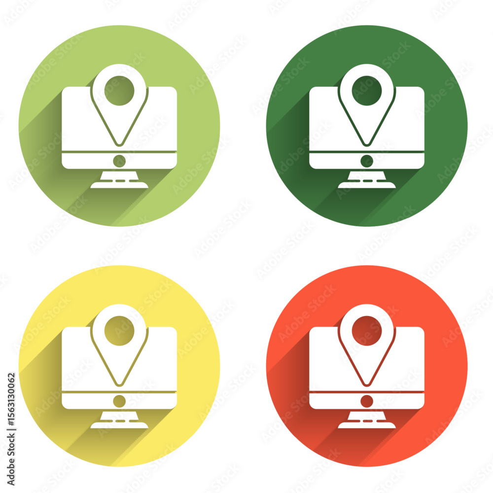 Poster set computer monitor and folded map with location marker icon isolated with long shadow background. 