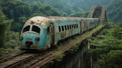 Rusty train on a weathered bridge through a lush forest