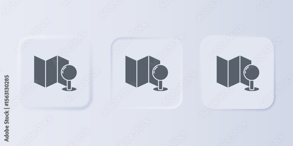 Poster grey folded map with push pin icon isolated on grey background. set icons in square buttons. vector