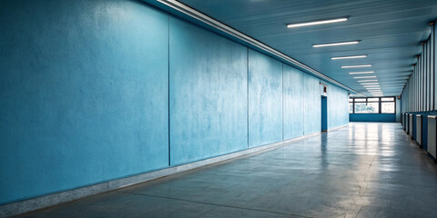 Institutional corridor with turquoise blue wall panels, fluorescent lighting, polished concrete floor, modern architecture, clean minimalist design, long perspective, indoor passageway.