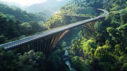 Scenic Mountain Highway Bridge. Lush green valley, a winding highway spans a majestic arch bridge high above a narrow gorge. 
