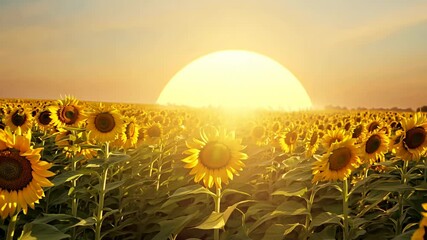 Stunning sunrise casts golden light over a vast sunflower field, highlighting bright blooms and creating a serene rural scene filled with warmth and beauty