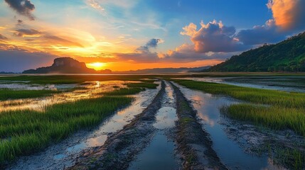 Scenic rural pathway at sunset over flooded fields