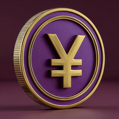 Obraz premium A gold coin with a purple yen symbol isolated on a dark background