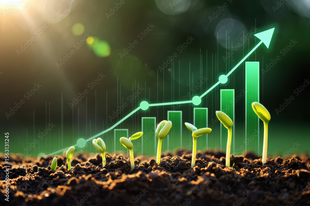 Aufkleber seedlings emerging from soil with an upward trending green graph overlayed on a blurred background