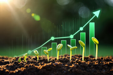 Seedlings emerging from soil with an upward trending green graph overlayed on a blurred background
