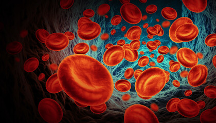 Red blood cells floating through blood and circulating in the vessels. 3d illustration