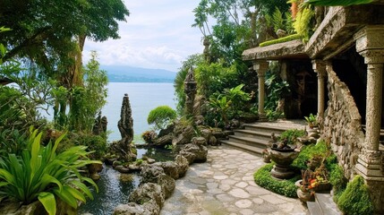 Serene garden path by a lake, adorned with stone sculptures and lush greenery