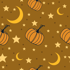 Autumn harvest seamless pattern &ndash; pumpkins, moons and stars &ndash; warm ochre