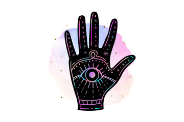 Fototapeta premium Illustration of a mystical black hand with an eye in the palm, set against a soft watercolor background with glitter, isolated on transparent background