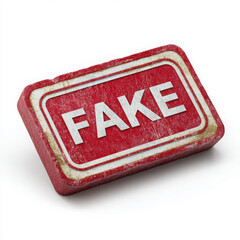 A rustic red sign with the word fake isolated on white background