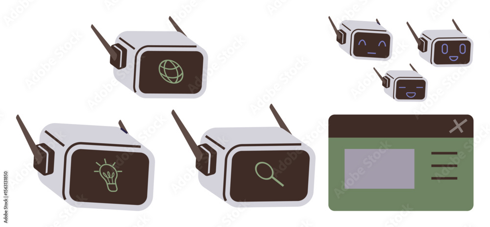 Poster small rectangular robot devices featuring internet, idea, and search icons, alongside smiling facial