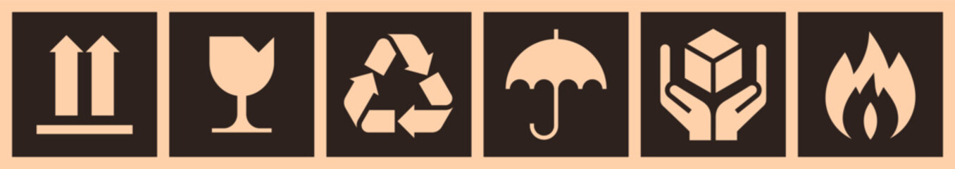 Packaging sign set - this way up, fragile, handle with care, keep dry, recycled package and flammable.