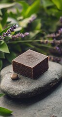 Dark brown bar of soap sits on a grey stone, surrounded by fresh lavender and greenery