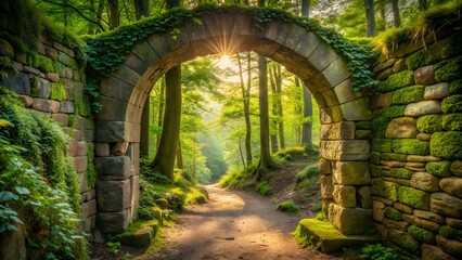 Sunlight streams through a mosscovered stone archway, illuminating a path leading into a lush green forest, creating a magical and tranquil scene