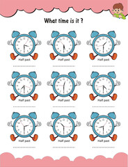 What time is it? What is the time? Telling time, Time worksheet, Time learning worksheet for children, Learn to tell time, Worksheet for preschool kids