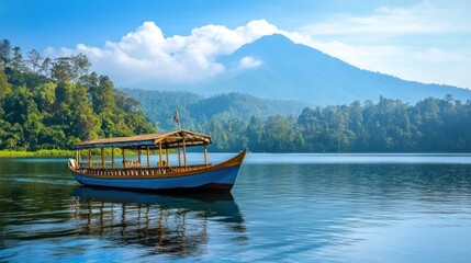 Serene lake boat trip with mountain backdrop. A wooden boat floats peacefully on a calm lake, surrounded by lush greenery and a majestic mountain.  Sunrise or sunset hues paint the sky