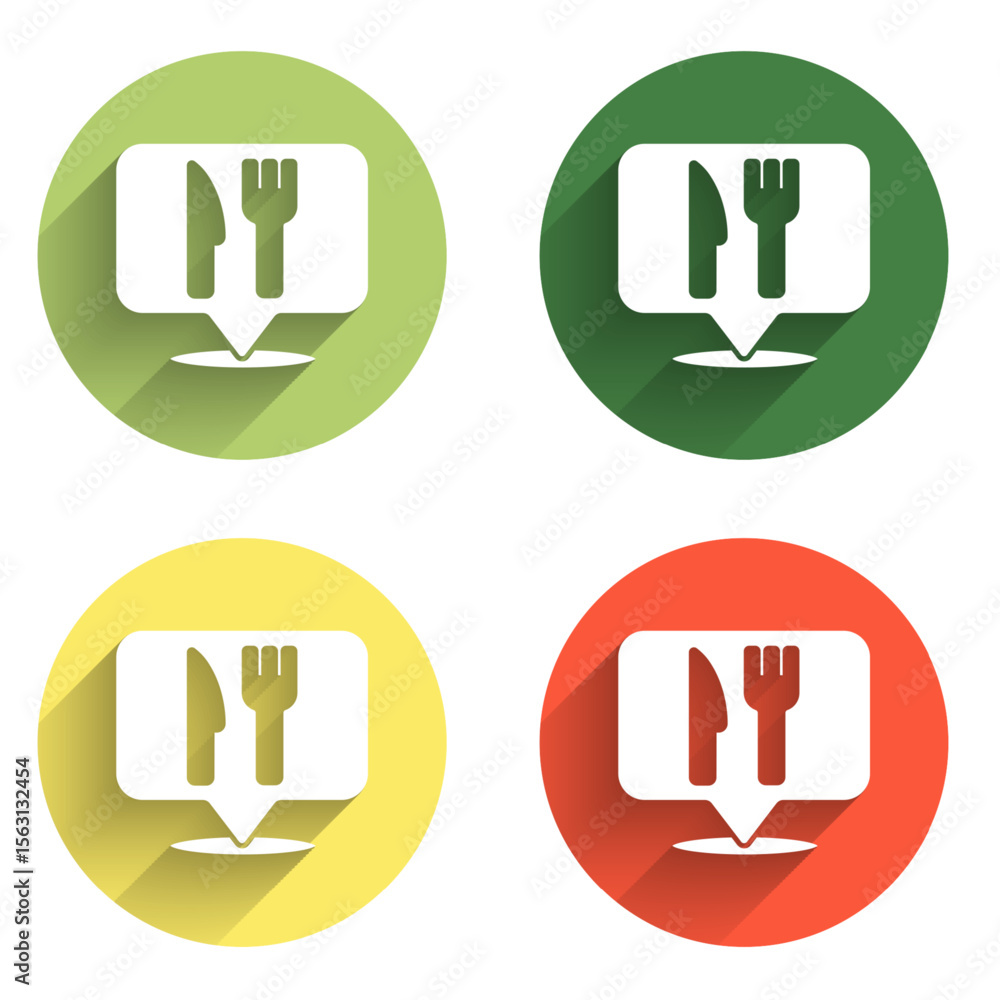 Poster set cafe and restaurant location icon isolated with long shadow background. fork and spoon eatery si