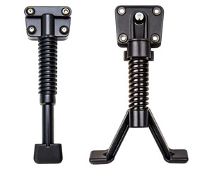 Black double-leg center mount bicycle kickstand with spring on a transparent background