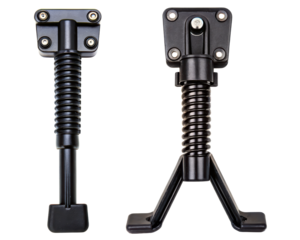 Black double-leg center mount bicycle kickstand with spring on a transparent background