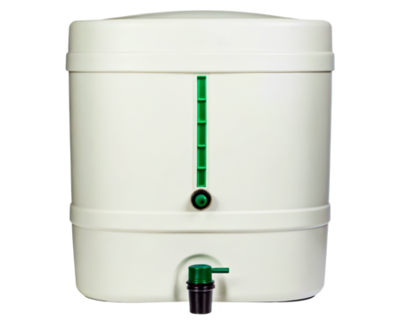 Large white water dispenser with a level indicator and spigot on a transparent background