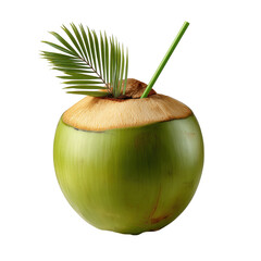 A fresh green coconut drink with a straw and palm leaf isolated on transparent background