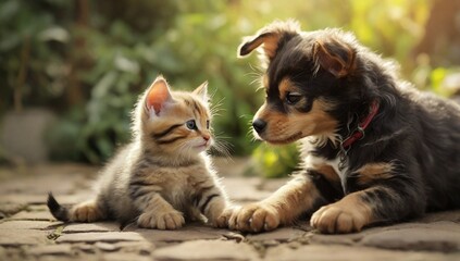 A Heartwarming Moment Between a Dog and Cat at Play, Puppy And Kitten, Dog and Cat Playing Together


