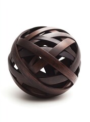 Dark brown sphere, intricately woven from thin wooden strips