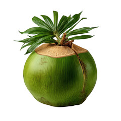 A fresh green coconut with palm fronds on top, isolated on transparent background