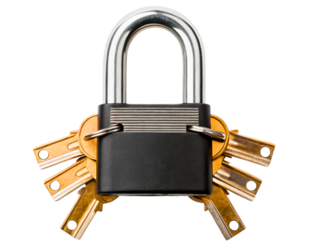 Black and silver security padlock with a set of brass keys on a transparent background