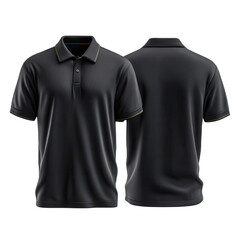 A black polo shirt with gold trim on the sleeves and collar, shown from the front and back, isolated on transparent background