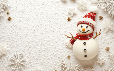 Here's a festive holiday illustration of a happy cartoon snowman in a hat and scarf with a Christmas tree, surrounded by winter snow and snowflakes