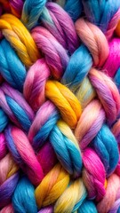 Closeup view of a vibrant and colorful braided yarn, showcasing its intricate texture and the bright, rainbow hues of its threads