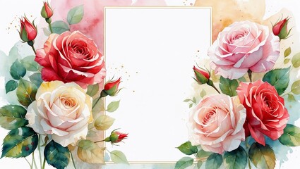 Watercolor roses flowers holiday greeting card blank design template for text

