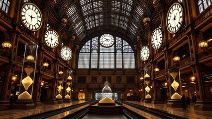 Naklejka premium Grand Central Station of Time with Hourglass Pillars (砂時計の柱が立つ、壮大な時間の駅)