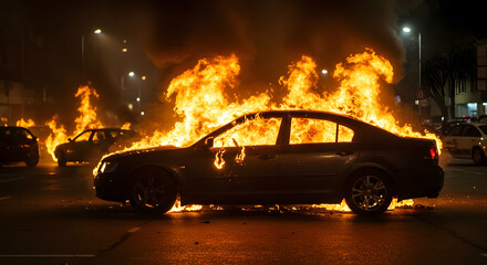 Burning car engulfed in flames at night city street fire disaster emergency vehicle destruction chaos
