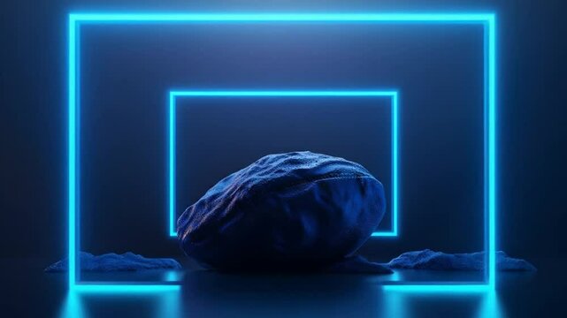 Dark, moody scene with a large, textured, dark-blue stone, set within neon-blue glowing rectangles