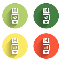 Set Pepper spray icon isolated with long shadow background. OC gas. Capsicum self defense aerosol. Color circle button. Vector