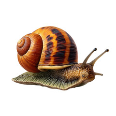 A brown snail with dark stripes slowly crawls, isolated on transparent background, displaying its textured body