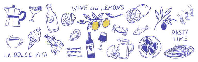 Playful Italian food and wine collection with seafood, lemon, pasta, coffee pot and handwritten sign. reflecting La Dolce Vita spirit. Vector illustration in hand-drawn crayon style for print or card.