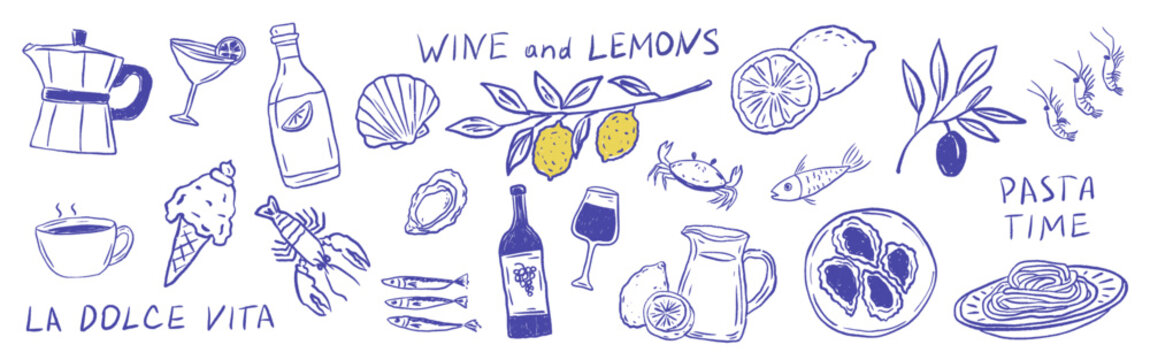 Playful Italian food and wine collection with seafood, lemon, pasta, coffee pot and handwritten sign. reflecting La Dolce Vita spirit. Vector illustration in hand-drawn crayon style for print or card.
