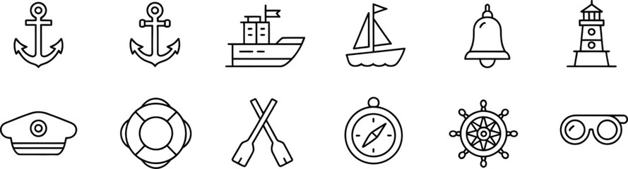Set of Navigation and Maritime Icons Including Ships, Compass, and Lighthouse