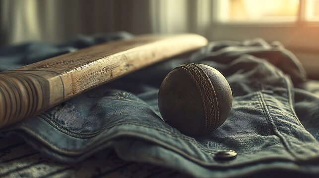 A wooden cricket bat and a leather ball lie on a textured denim fabric, with a window in the background casting soft light.