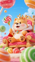 Naklejka premium Cute Dog on a Throne Surrounded by Colorful Lollipops and Balloons