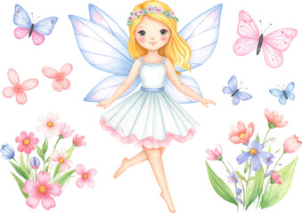 Little cartoon fairy princess with magic wings and pink dress flying with a butterfly, a cute fantasy illustration