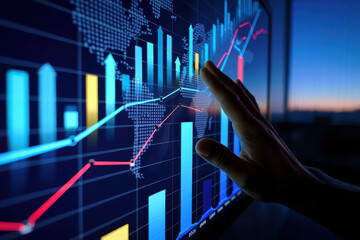 Hand interacting with a digital screen displaying financial charts and a world map background