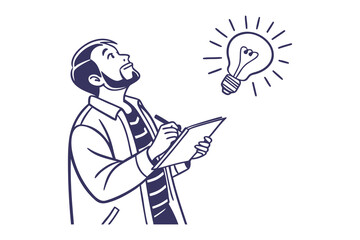 Man with beard and glasses looks up at a glowing lightbulb while writing in a notebook symbolizing inspiration and ideas