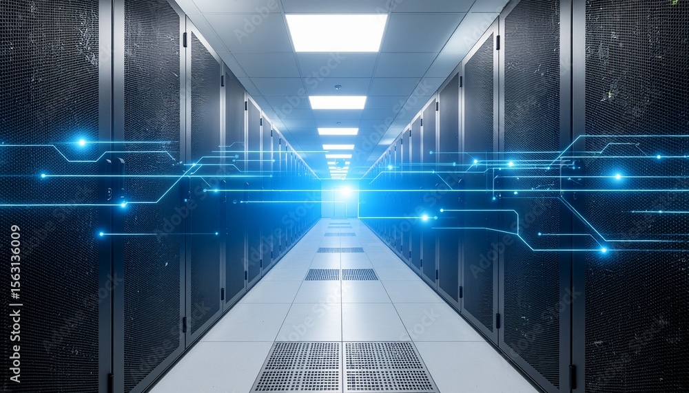 Aufkleber data center server room corridor with glowing digital network pathways.