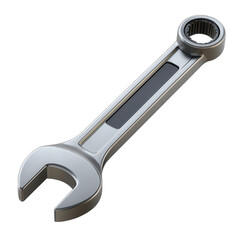 A shiny metal wrench with an open end and box end is isolated on a transparent background