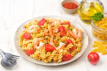 Fusilli pasta with Homemade Marinara sauce recipe has the goodness of herbs and shrimps